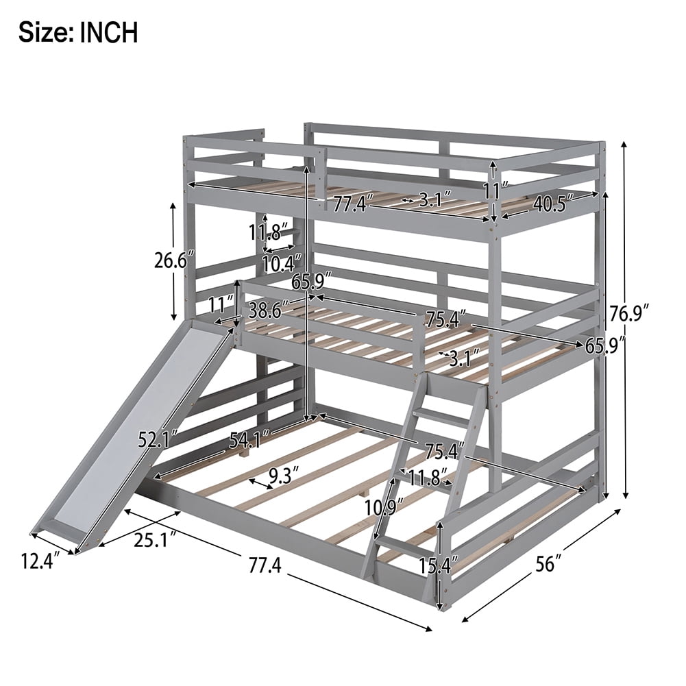 Kadyn Twin over Twin over Full Triple Bunk Bed with Convertible Ladder and Slide,Gray