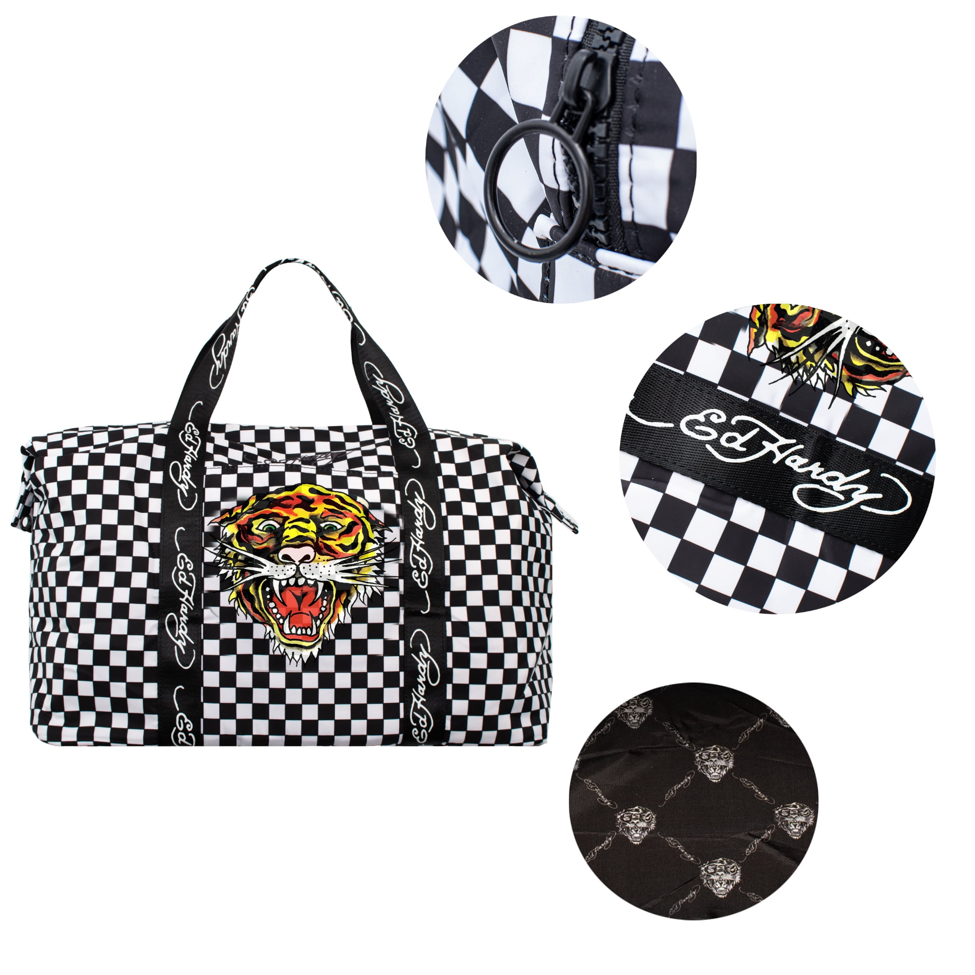 Ed Hardy Unisex Black Checkerboard Tiger Tatoo Print Nylon Duffle Bag With Adjustable Shoulder Strap