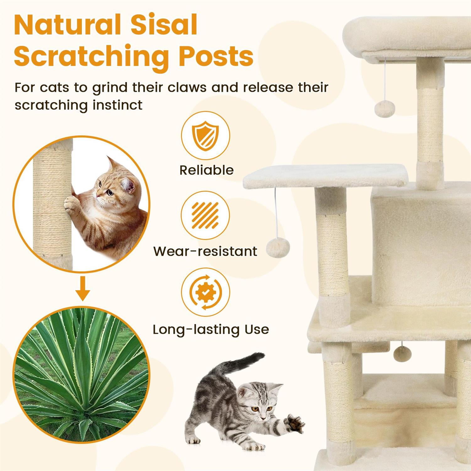 Pefilos 58" Multi-Level Cat Tree, Soft Plush & Padded Top Perch, Condo & Sisal Scratching Posts, Beige