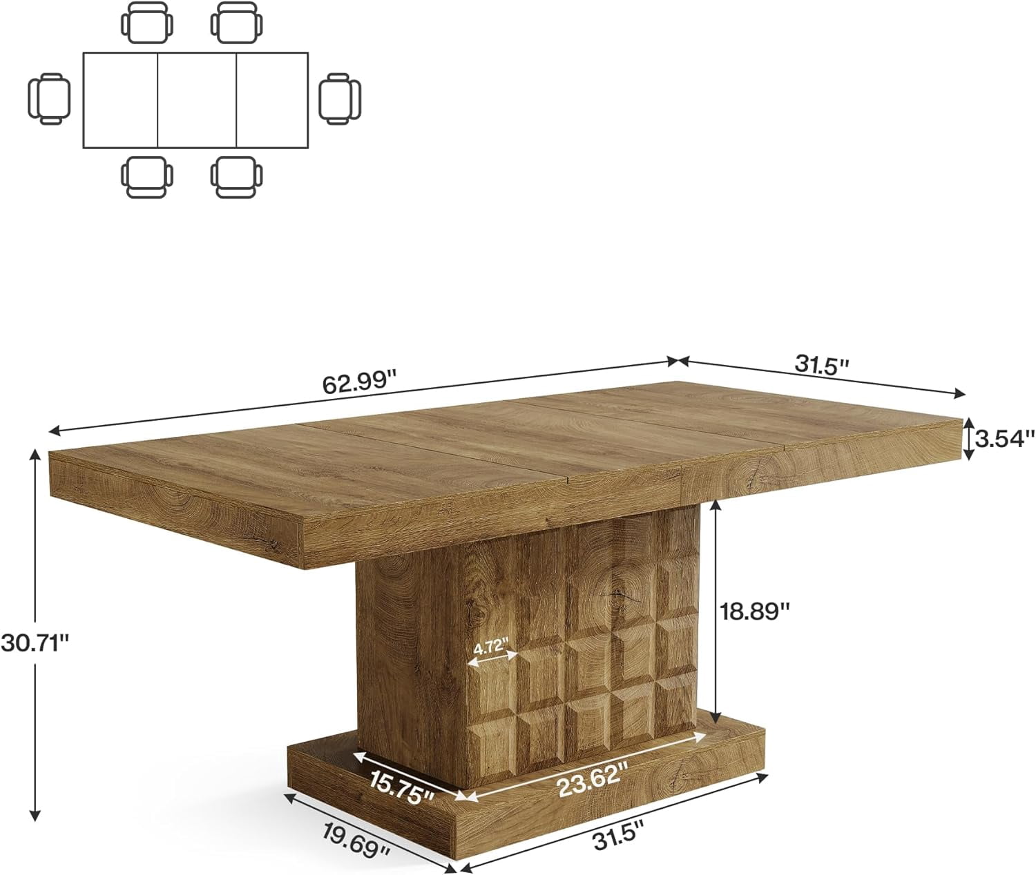 Fnova 63" Farmhouse Dining Table for 4-6 People, Wooden Rectangular Kitchen Table with Geometric Relief Pedestal Base, Easy to Assemble