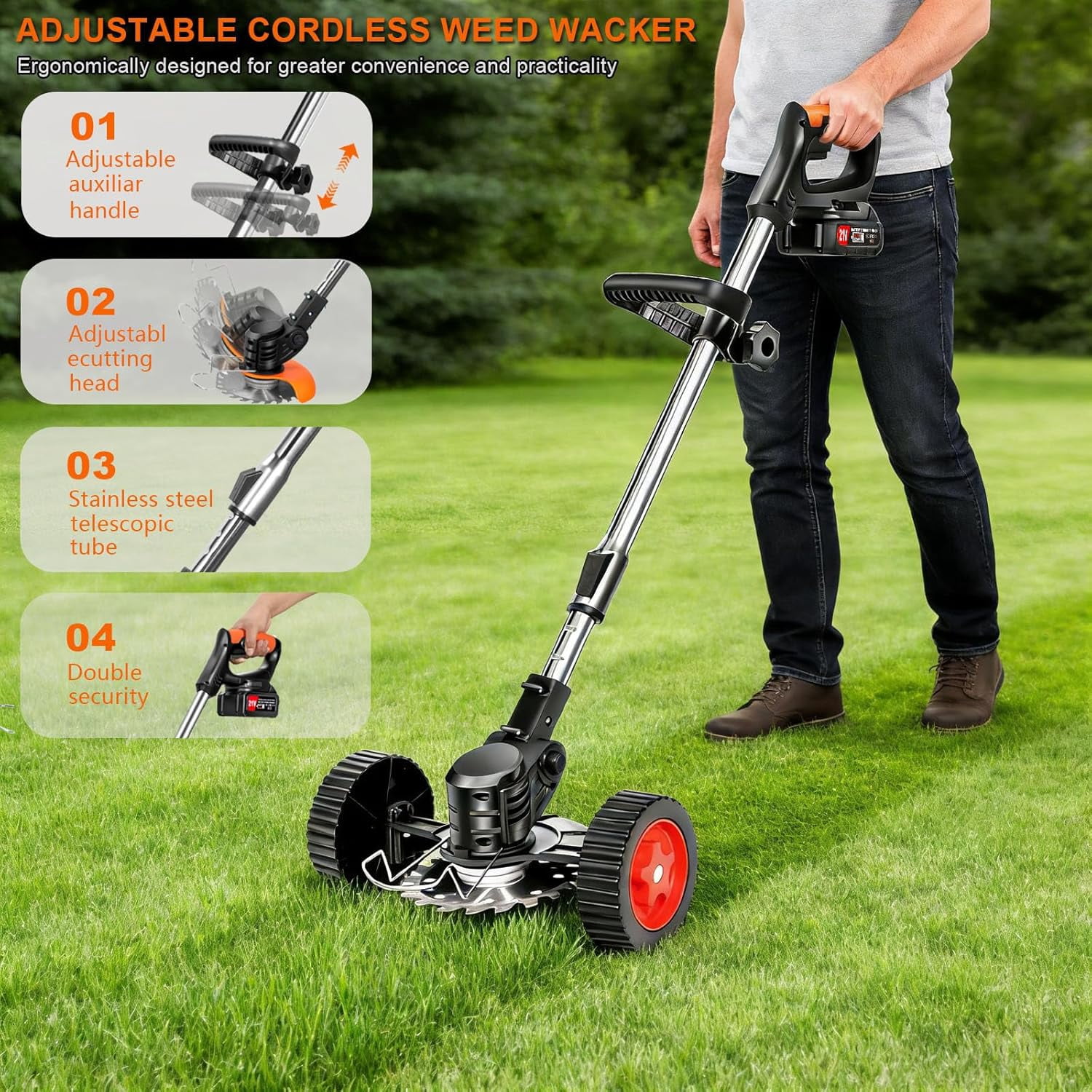 Cordless Weed Wacker Electric Weed Wacker 21V Battery Powered Brush Cutter 3-in-1 Lightweight Grass Trimmer Weed Cutter Lawn Edger with 3 Types Blade & Wheels