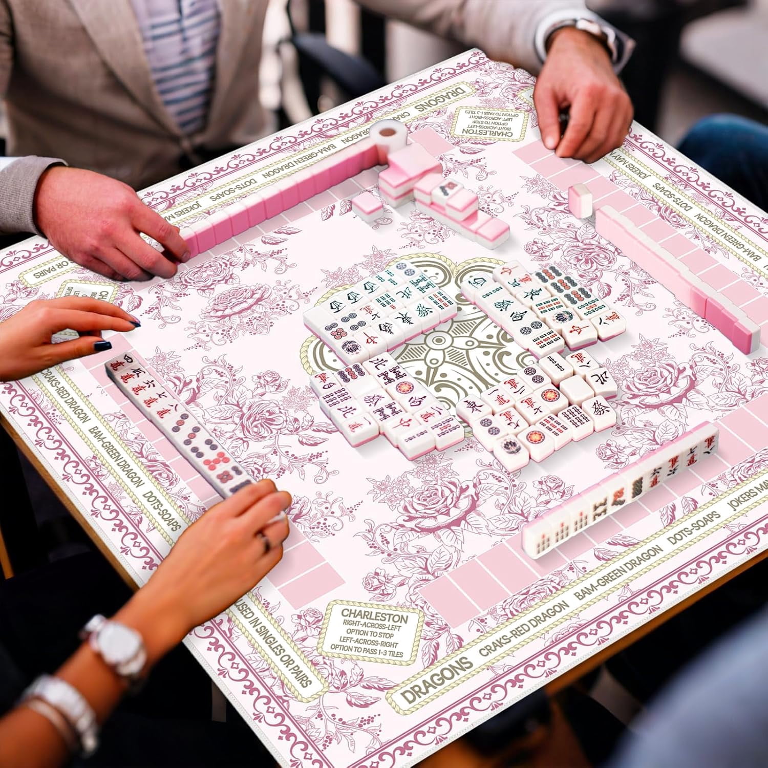 Chinoiserie Mahjong Mat with Black Carrying Bag 31.5 x 31.5 Inches Multi Purpose Game Table Cover Anti Slip and Noise Reduction for Mahjong Poker Board Card Dominoes Games(Pink)
