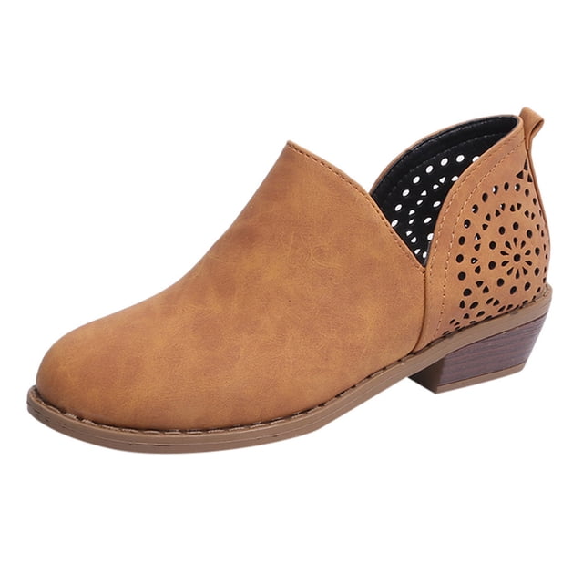 Kcodviy Bottes pour Femmes à Bout Rond Creux, Talon Bas, Rétro, Couleur Unie, Courtes