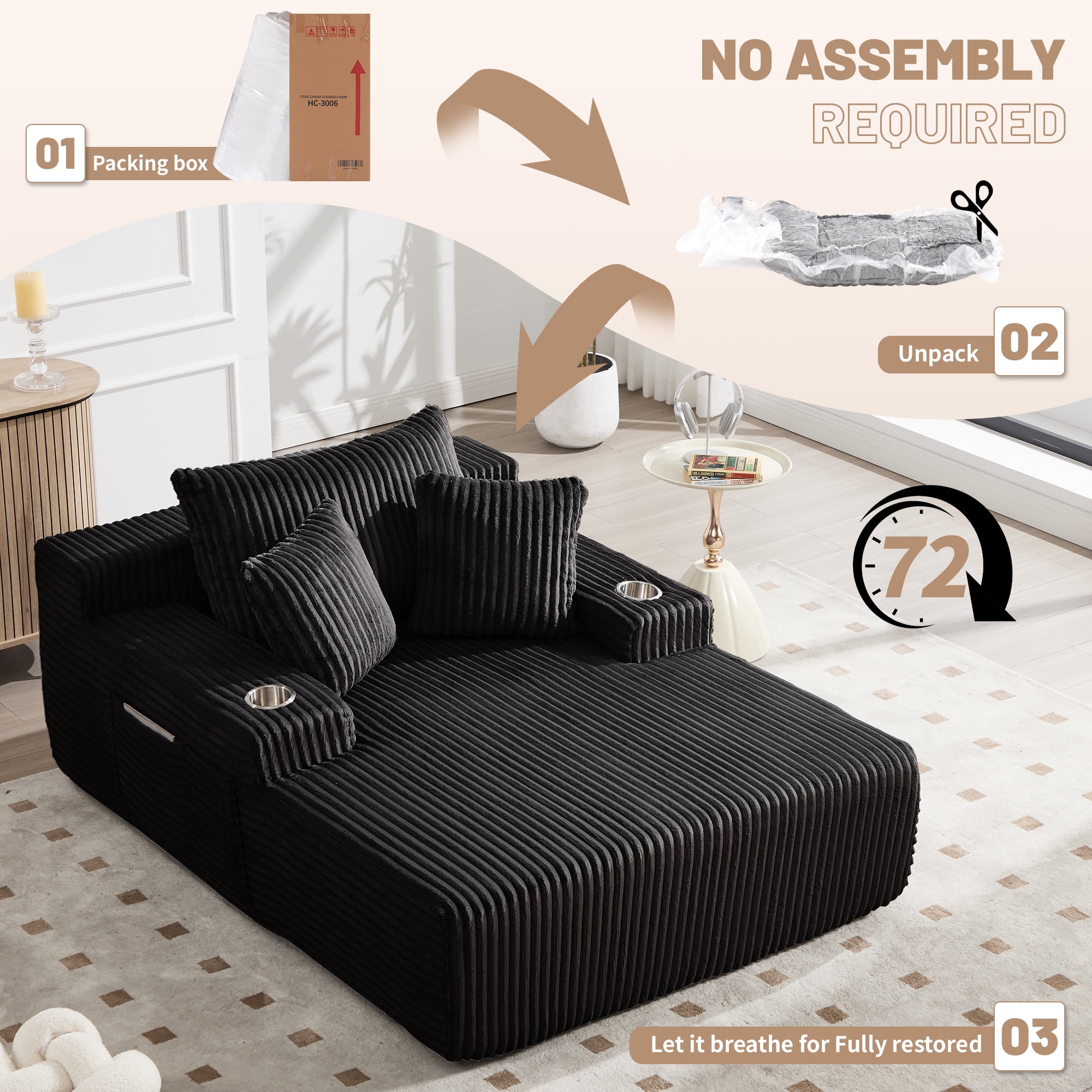 66" Chaise Lounge Chair Indoor, Oversized Corduroy Upholstered Boneless Sofa with USB & Type C, Deep Seat Sleeper Couch Reading Chairs with Pillows, Pre-assembled Corduroy Sofas Couches Living Room