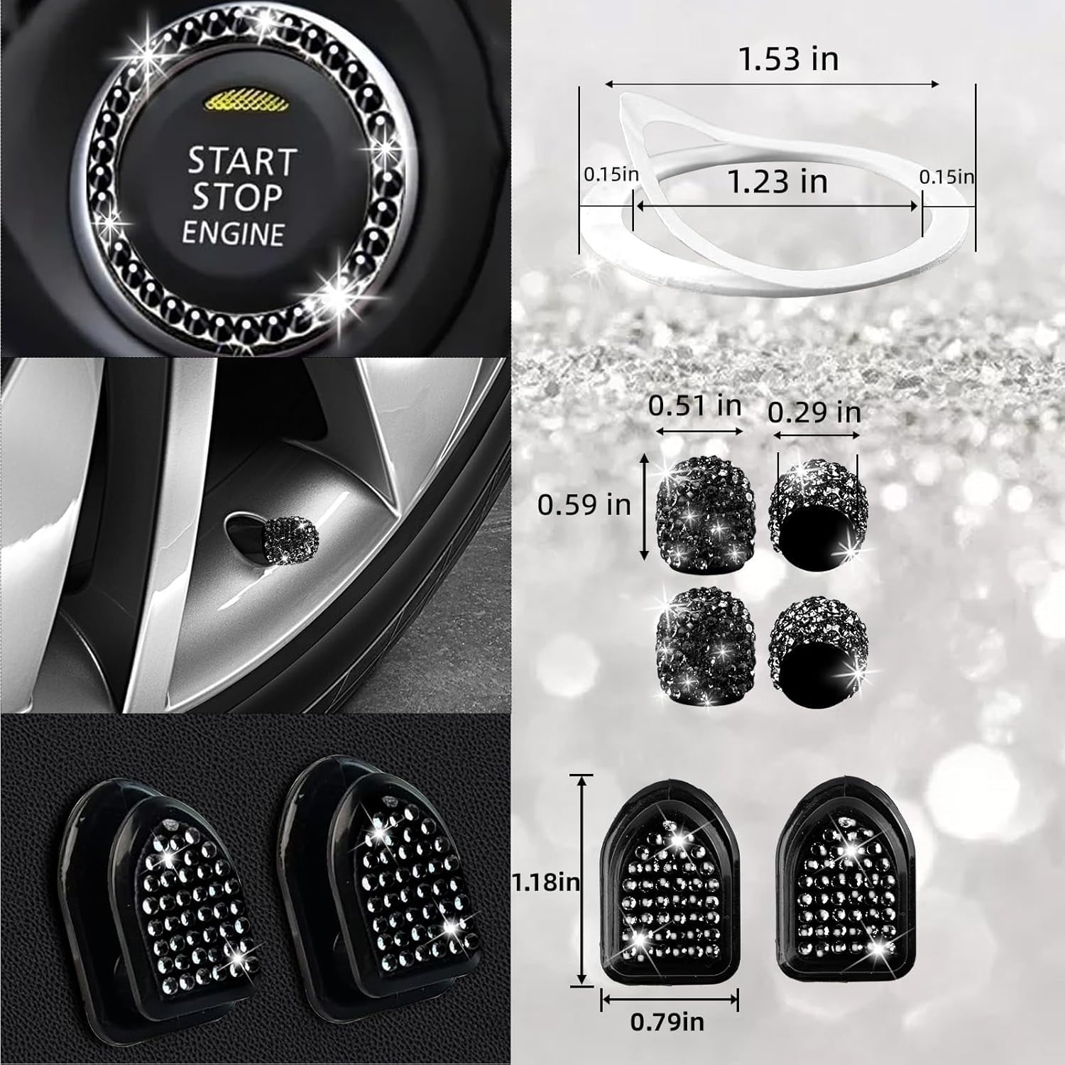27 PCs Black Bling Car Accessories Set for Women, Steering Wheel Covers Universal Fit 15 Inch, Bling License Plate Frame, Bling Phone Holder, Bling Car Coasters (Black Diamond)