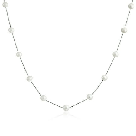 Vintage Pearl Bridal Necklace Simple Bridal 7MM White Freshwater Cultured Pearl Tin Cup Chain Necklace For Women For Girlfriend 925 Sterling Silver ()