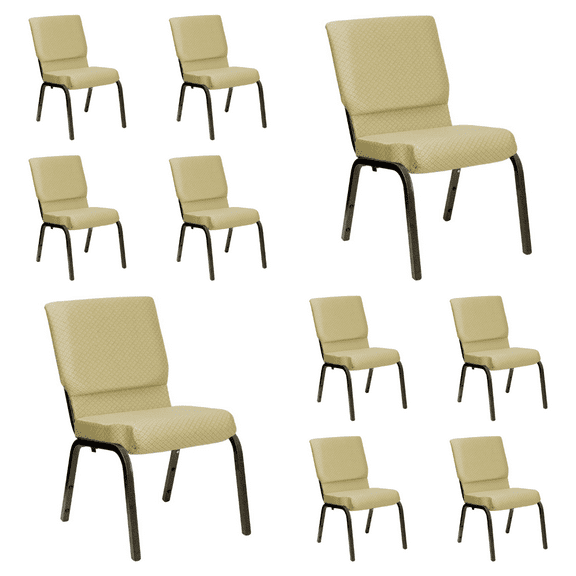 (10 PACK) 18.5'' Wide Beige Patterned Fabric Church Chair with Book Pouch and Gold Vein Frame - Multipurpose Stackable Office Side Chair