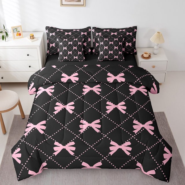 Erosebridal Princess Ribbon Bedding Sets Queen Size, Black Pink Comforter Sets with Sheets, Stripe Geometry Reversible Bed Set, Breathable Room Decor, 7 Pieces