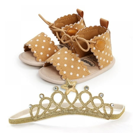 

Infant Toddler Shoes Sneaker Baby Girl Summer Sandals Vintage Polka-dot Lace-up Non-slip Walking Shoes Soft Sole Shoes With Free Crown Headband