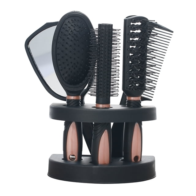 juego de 5 peines para el cabello juego de espejos para salón profesional juego de cepillos de co maboto espejo de peine Conjunto en base de almacenamiento con 4 peines y 1 espejo; vista frontal centrada que muestra peine plano, peine para rizos, peine de masaje y peine de cuidado más espejo. Mangos negros con acentos rosa, púas y cerdas de plástico antiestático visibles, base circular negra; espejo aprox. 22 x 10 cm. A menudo usado para organizar herramientas de peinado en kits personales.