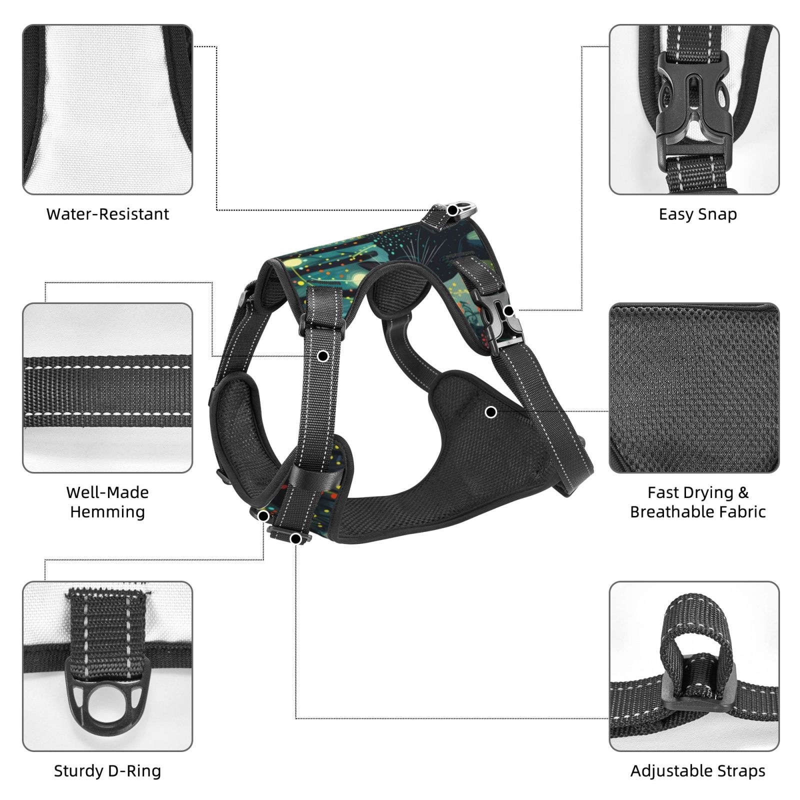 Fuzoiu Mystical Black Cat Fireflies Print Reflective Dog Harness,Adjustable, Breathable Pet Vest,Dog Harness No Pull,No Choke Pet Vest for Small, Medium, and Large Dogs-Large
