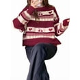 thumbnail image 3 of Women'S Fall Grandpa Sweater Vintage Oversized Striped Crew Neck Long Sleeve Drop Shoulder Knit Pullovers Red S, 3 of 8