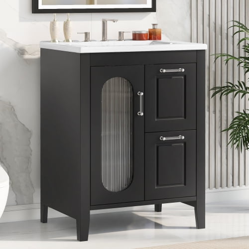 24" Bathroom Vanity with Ceramic Sink, Solid Rubber Wood & MDF Cabinet, Moru Glass Door & 2 Drawers, Black Modern Storage Vanity for Bathrooms