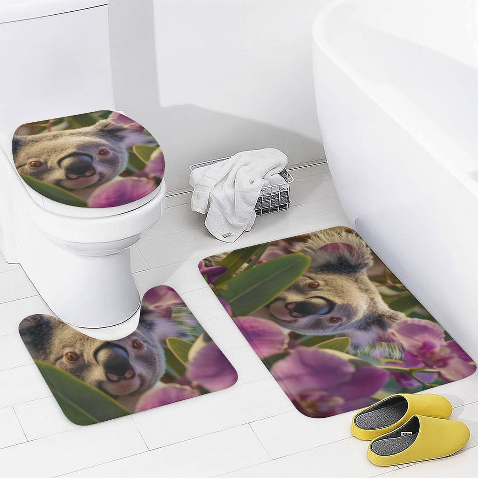 Shower Curtain Sets with Rugs 4 Piece Koala with Purple Orchids with Rugs Toilet Lid Cover And Bath Mat Custom Koala Bear Bathroom Shower Curtains Sets for Bathtub Decor 72inch X 72inch