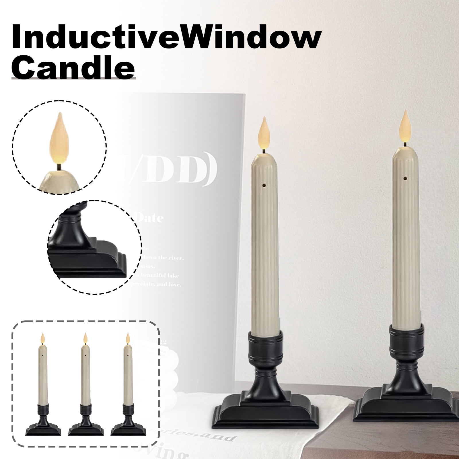 6 Pack 7Inch Battery Operated LED Window Candle, Flameless Candlesticks with Suction Cups, Dusk to Dawn Light Sensor, Black Plastic Base, Amber Flicker Flame