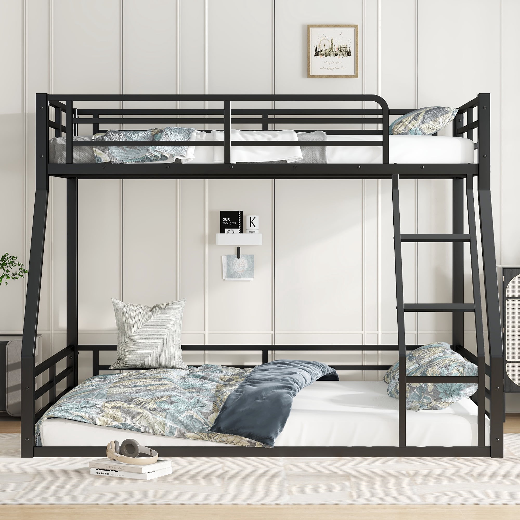 Leumius Metal Bunk Bed,Twin XL over Queen Floor Bunk Bed Frame for Kids/Teens/Adults,Space-Saving/Noise Reduced/No Box Spring Needed,Black