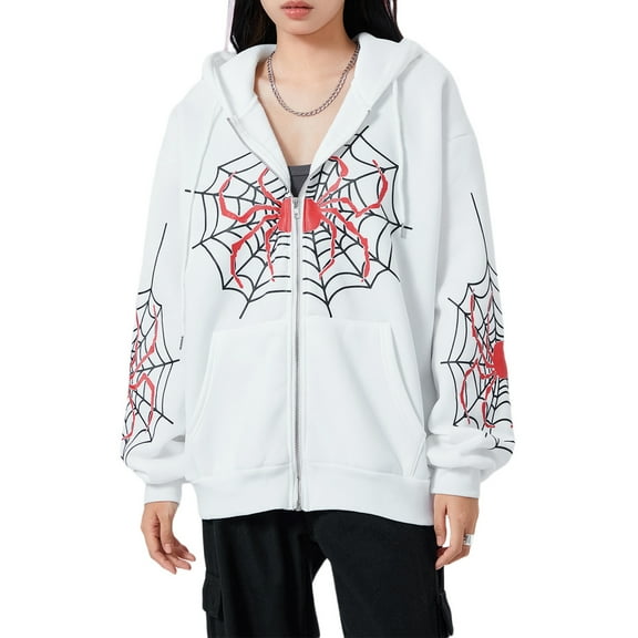 Womenacute;s Halloween Casual Hooded Coat Long Sleeve Spider Web Print Zip Up Hoodie with Pockets