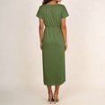 thumbnail image 4 of JSheng Summer Dresses for Women Trendy Solid Color Elegant V-Neck Short-Sleeve Maxi Dress With High Slit Army Green L, 4 of 5