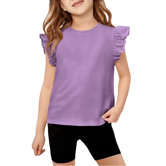XADYUY Girls Shirts 10-12 Crewneck Solid Girls Shirts Ruffle Short Sleeve Tshirts Toddler Summer Trendy Cotton Tee Tops Girls,Purple,1-2Years