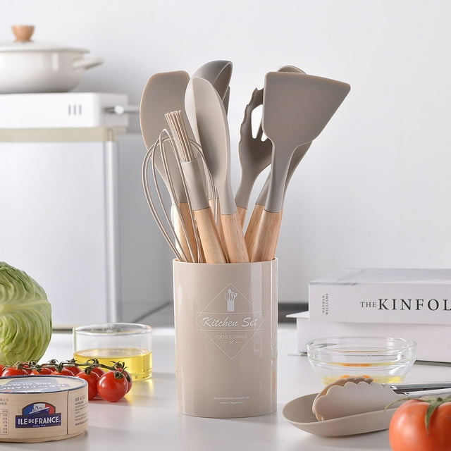 Kcavykas Kitchen, Kitchen Essential, Kitchen Gadgets Wooden Handle Kitchenware Set 12 Piece Round Barrel Set Non Stick Pot Cooking Spoon Kitchen Tools