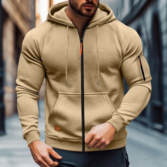 KeShDi Mens Jacket Men's Cargo Solid Color Multiple Pockets Sports Ditness Training Raglan Long Sleeved Hooded Casual Jacket Khaki XL