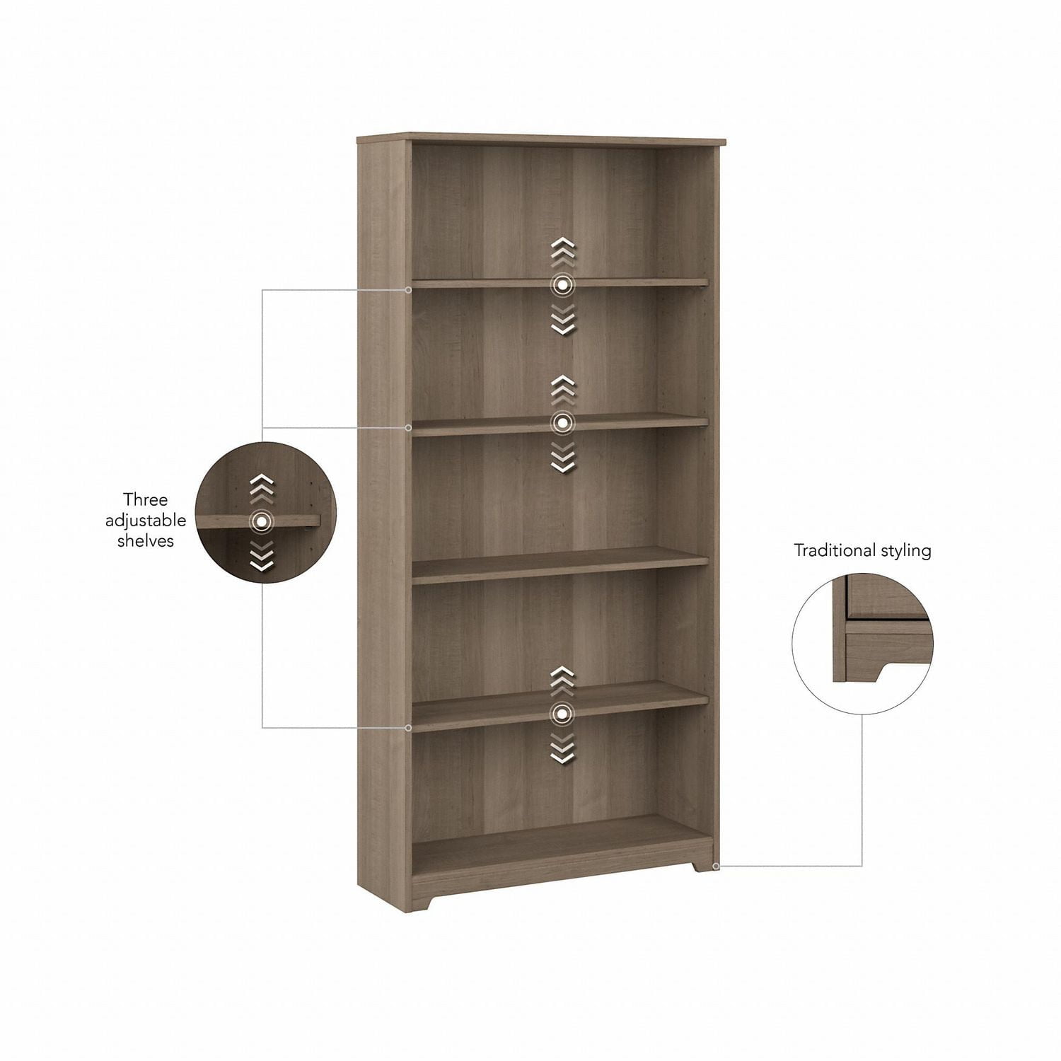 Bush Furniture Cabot Tall 5 Shelf Bookcase in Ash Gray