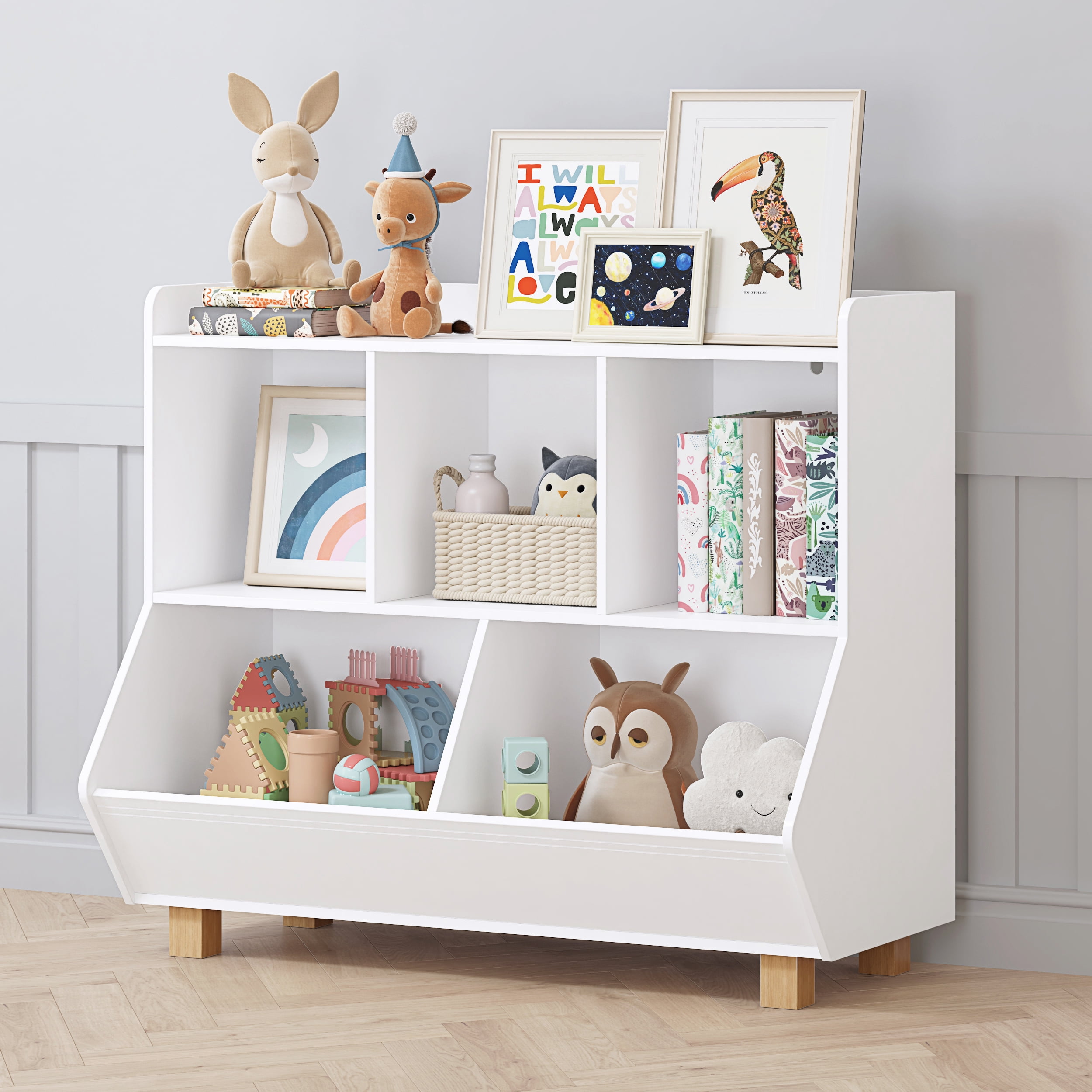 STAROUS 5-Cube Kids Bookshelf and Toy Organizer with Legs, White