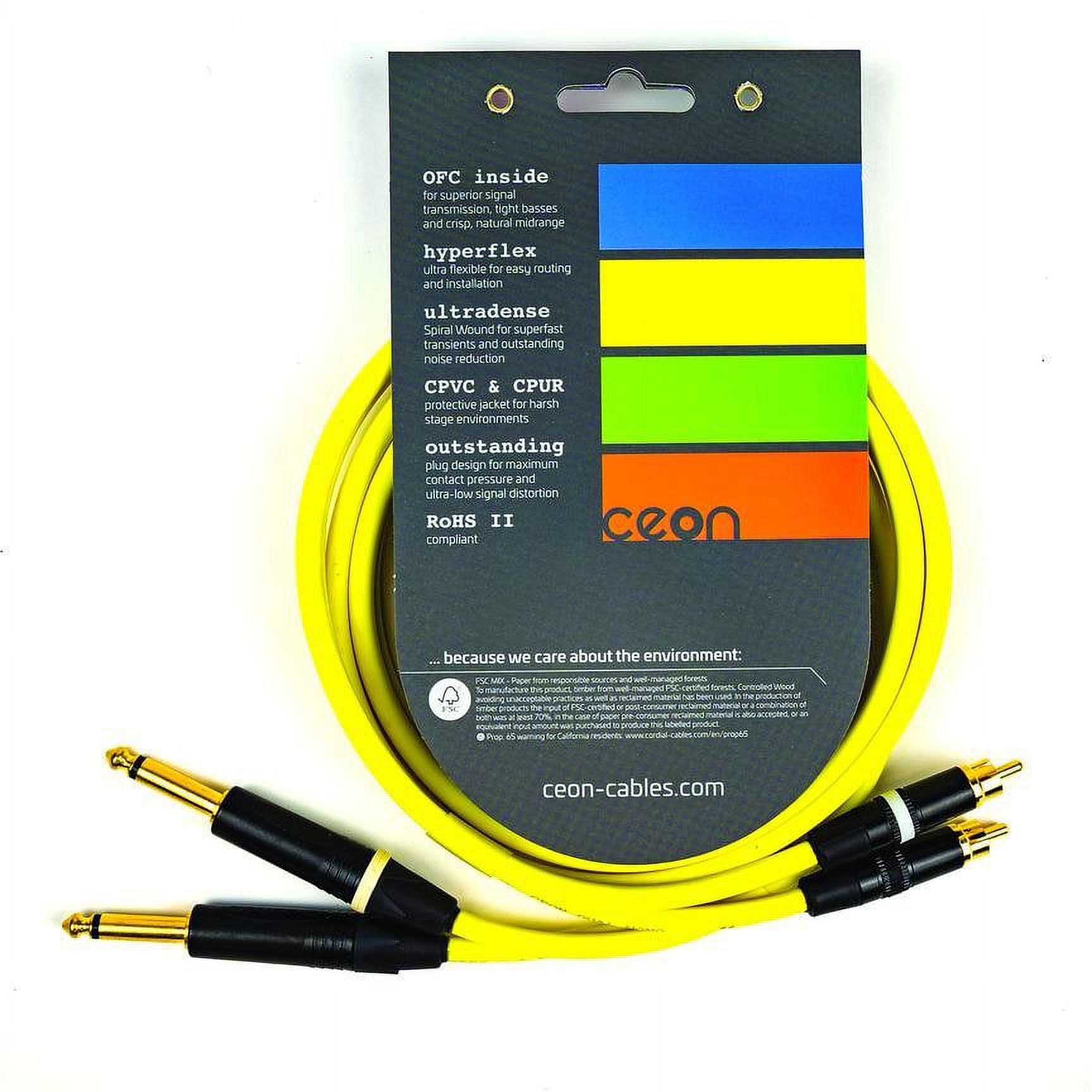 Cordial Cables 3719597 0.25 in. TS Choice Stereo RCA Premium DJ Dual & Mono Black Light - Ceon Series - 10 ft. Cable, Neon Yellow - image 2 of 2
