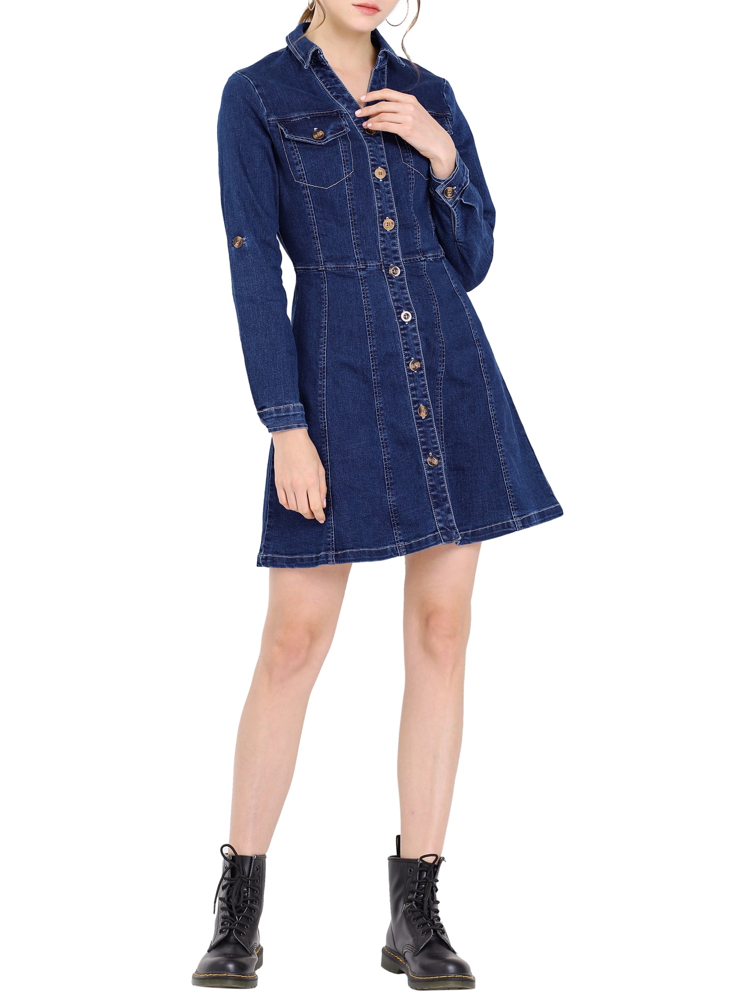 DARING DIVA Button Down Collar V-Neck Roll Up Sleeves Denim Shirt Dress XS Deep Blue