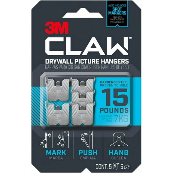 3M CLAW 15 lb. Drywall Picture Hanger with Spot Markers, Heavyweight Hanging Solution for Room Decor and Office Decor, Including Mirrors or Large Art – 5 Pack