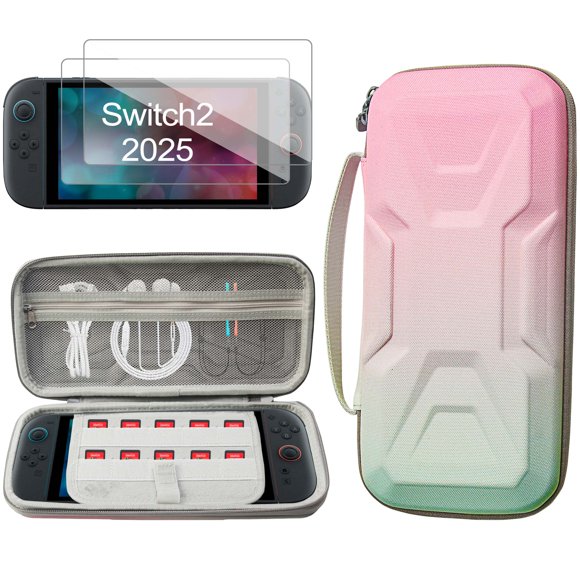 Carrying Case for Nintendo Switch 2(2025), Armored Mech Design, Hard Shell & Waterproof Portable Travel Carry Case Game Storage Bag with 2 Screen Protectors, Pink-Green Gradient