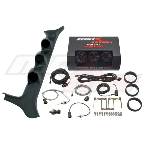 MaxTow | 1992-1997 OBS Ford F-Series 7.3 Powerstroke Black Triple Gauge Pillar Pod with Black & Green Double Vision Series 60 PSI Boost Gauge, 1500 F EGT Pyrometer & Trans Temp Gauge