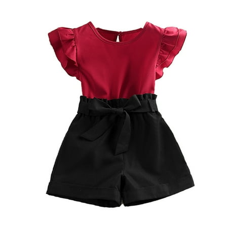 

ZRBYWB Baby Girl Summer Clothes Outfit Solid Fly Sleeve Ruffles Sleeveless Top Elastic Short Pants Short Set 2Pcs Summer Clothes