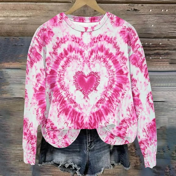 VgaVtl Sweatshirts for Women Valentines Winter Long Sleeve Tops Women Cute Pullover Holiday Pink Tie-Dye Crew Neck Loose Tops