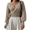thumbnail image 2 of Women'S Casual V Neck Wrap Sweater Pullover Long Sleeve Slim Fit Knit Crop Top Sweater Color S, 2 of 9