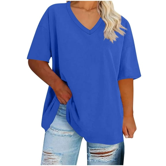 Dvprdro Spring Tops for Women Fashion Casual V-Neck Short Sleeve Plus Size T-shirt Summer Loose Solid Blouse Tops