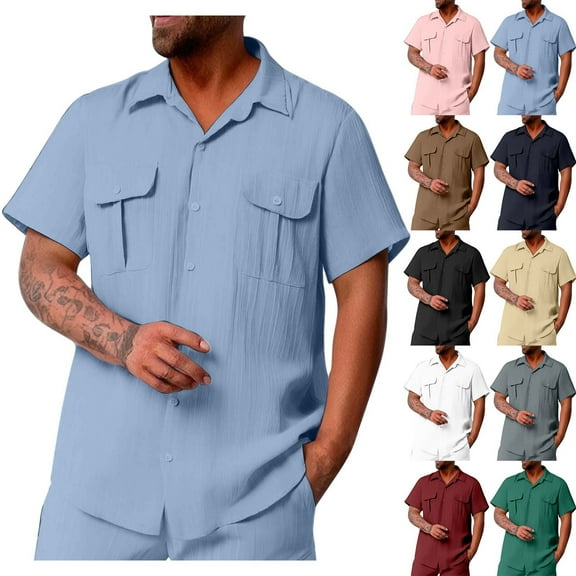 Sentmoon Shirts Plus Size Loose Turndown Collar Casual Blouses for Mens Button Down Solid Color Mens's Short Sleeve Tops Trendy for Picnic & Weekend Outings Khaki L