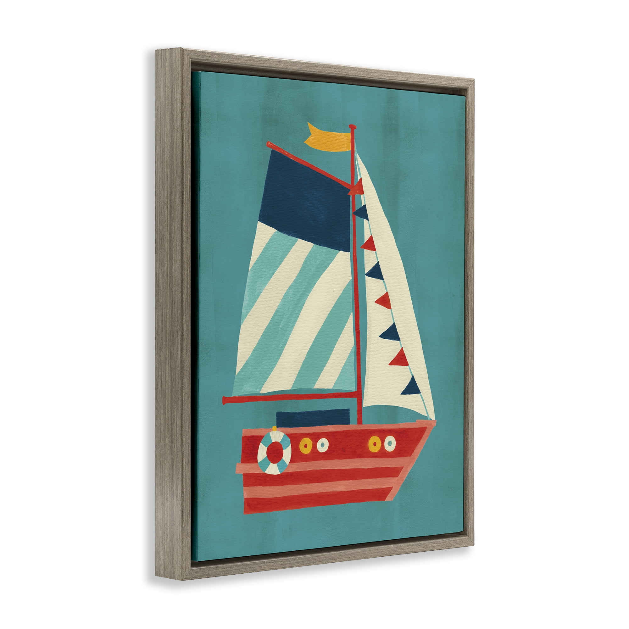 Stupell Industries Striped Sailboat on Blue Transportation Painting Brown Floater Framed Canvas Art Print Wall Art, 17 x 21