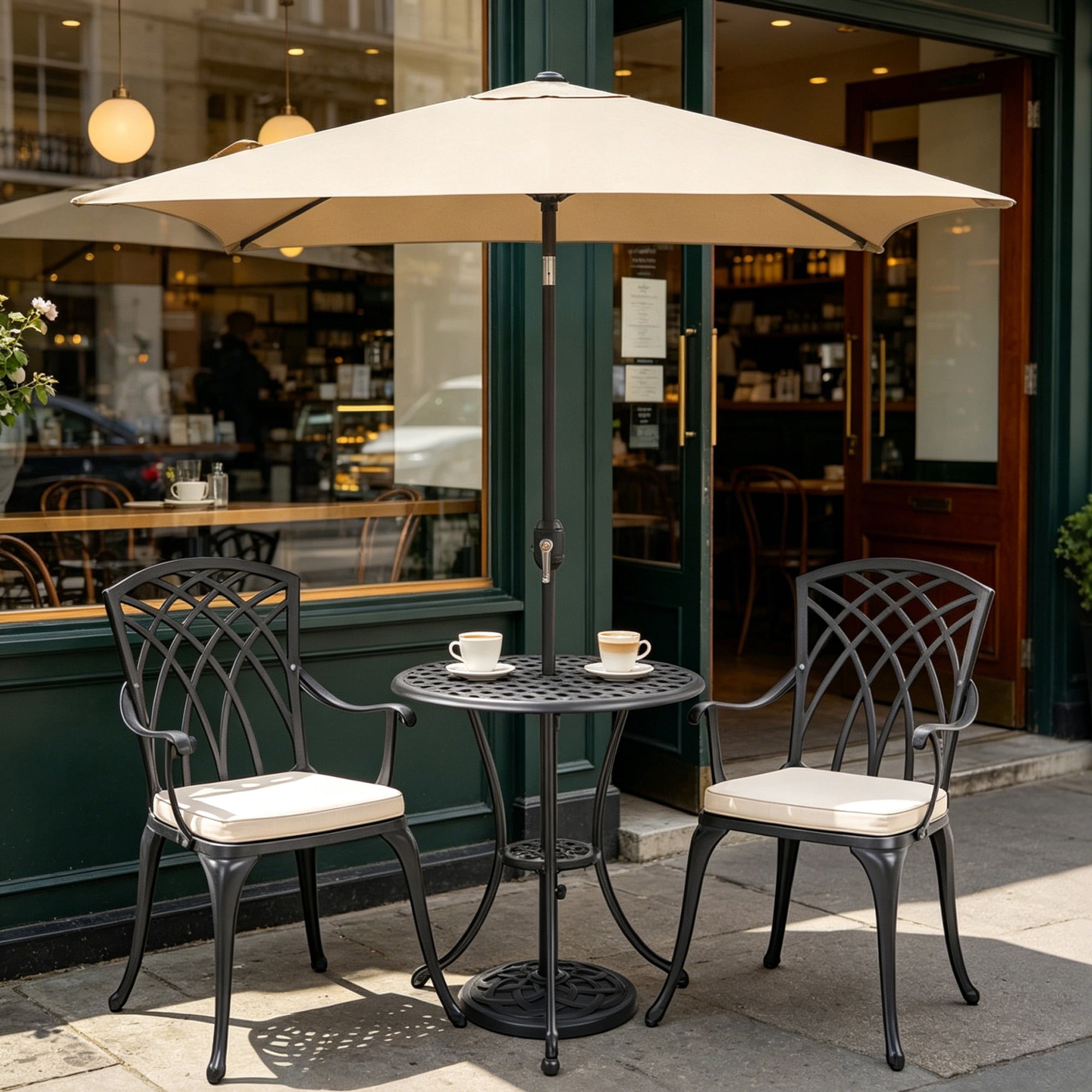 Kool 6.5 ft Square Outdoor Patio Market Umbrella with Push Button Tilt and Crank Handle, Tan