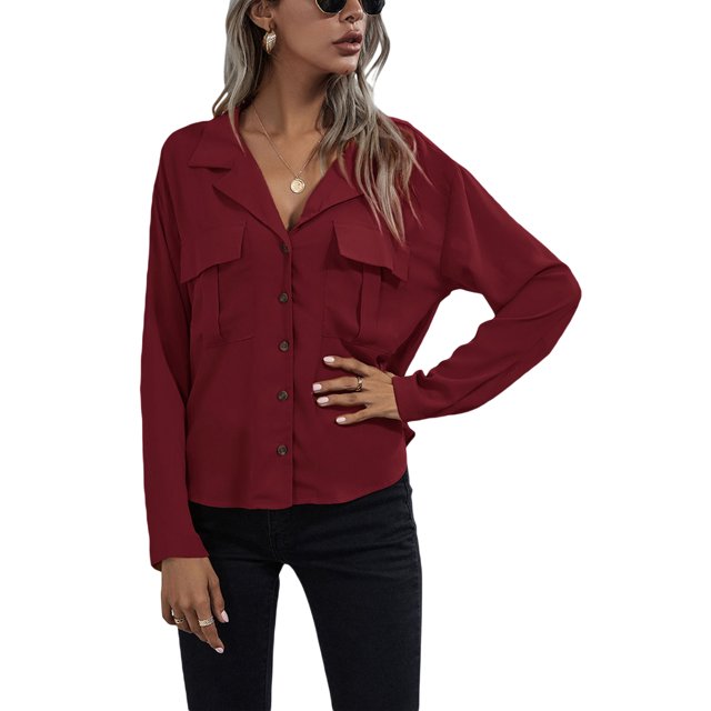 VISgogo, blusas de chifón salvaje a la moda para mujer, camisa de un solo pecho con cuello vuelto de Color sólido, Tops informales de manga larga para oficina para mujer VISgogo moda