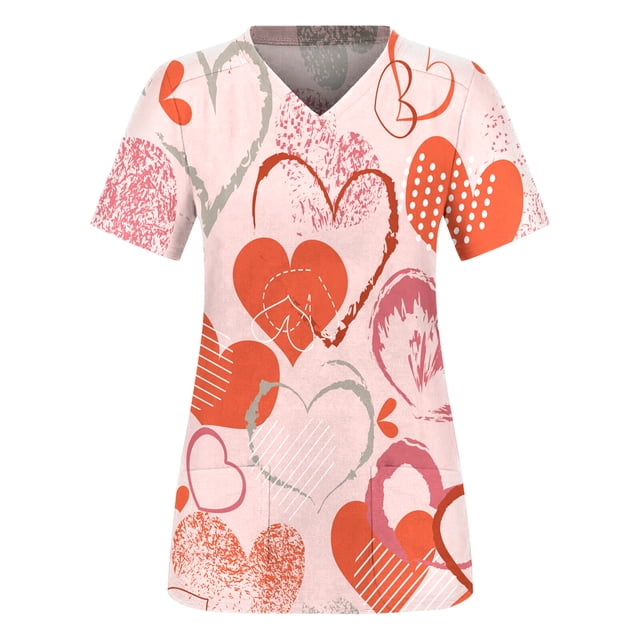 TIMIFIS Hauts de Blouse pour Femmes Imprimés Uniforme de Travail de la Saint-Valentin Manches Courtes Col en V Blouse de Travail T-shirt-Orange - Printemps