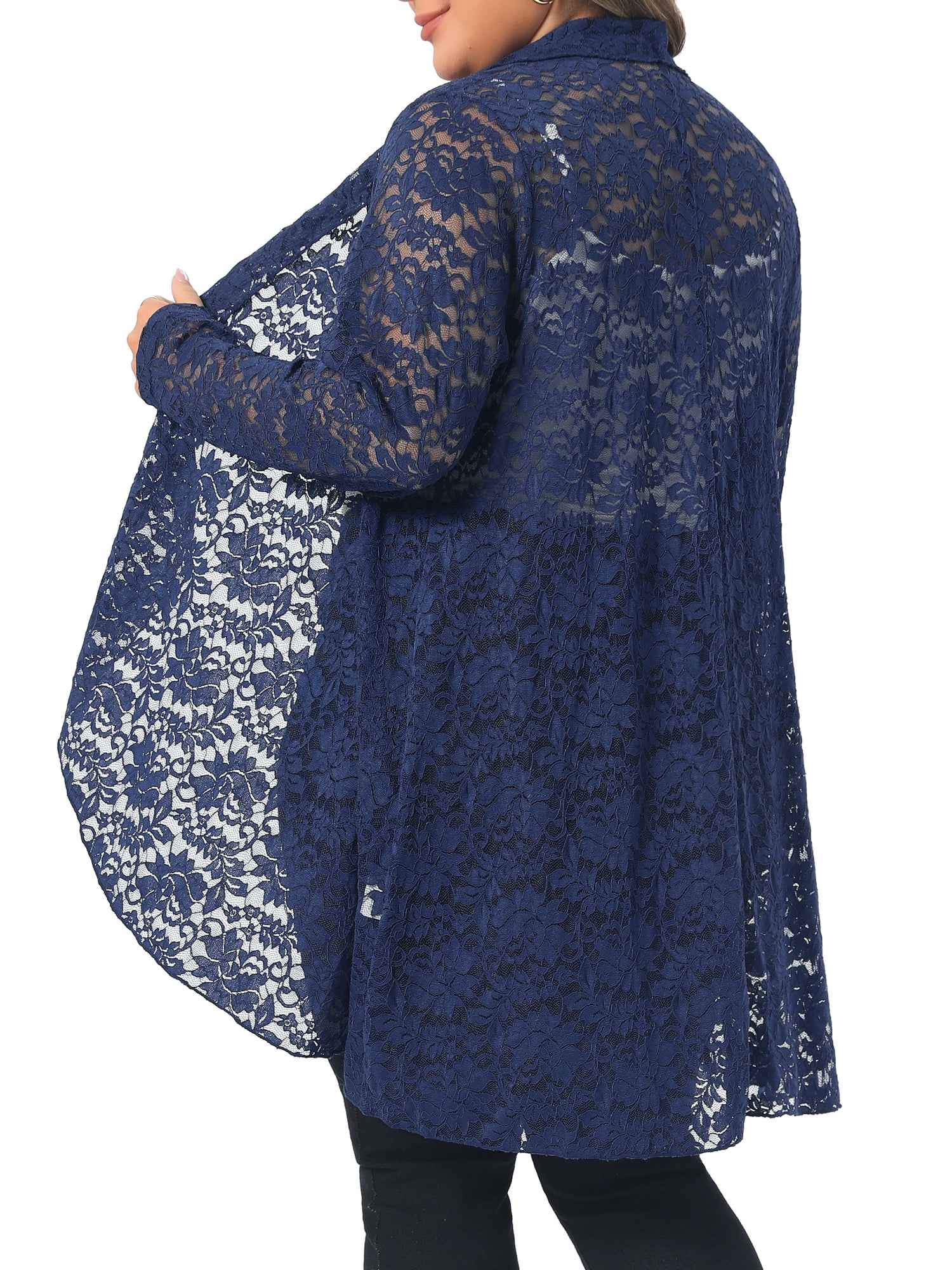 DARING DIVA Women's Plus Cardigan Open Front  Sheer Lace Crochet Cover Up 2X Navy Blue