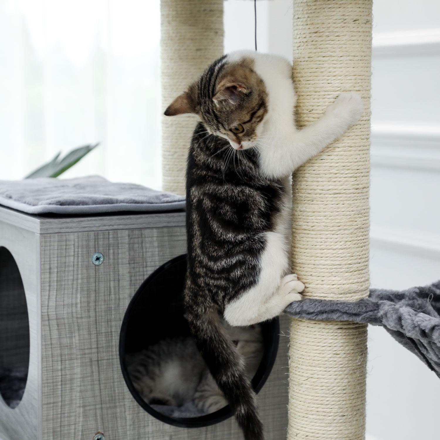 43.3 in 5 Levels Modern Cat Tree with Condo and 7 Sisal Scratching Post Tower Deep Hammock Extra Large Perch Gray