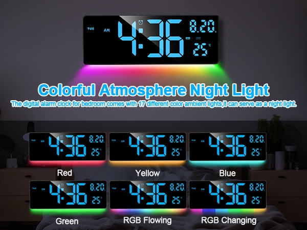 XREXS Digital Wall Clock Large Display, 16.5" LED Wall Clock with 6 Color Changes Night Lights, Auto DST, Count Up/Down Timer Clock with Remote Control for Living Room Bedroom Office Wall Decor