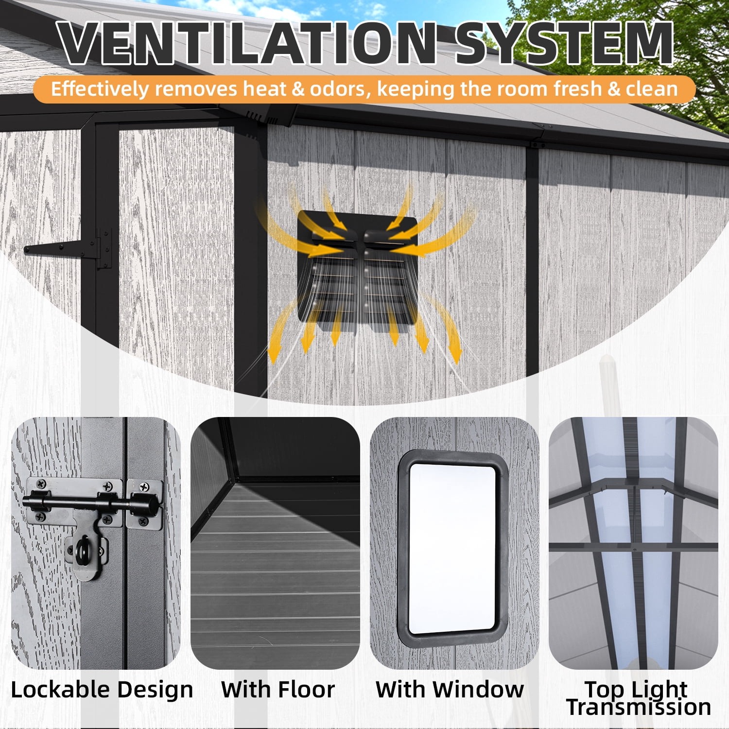 MELLCOM 4 x 6 FT Resin Outdoor Storage Shed with Floor, Resin Outdoor Storage Tool Shed with Windows and Lockable Door, Garden Shed for Lawnmower, Bike, Pool Supply