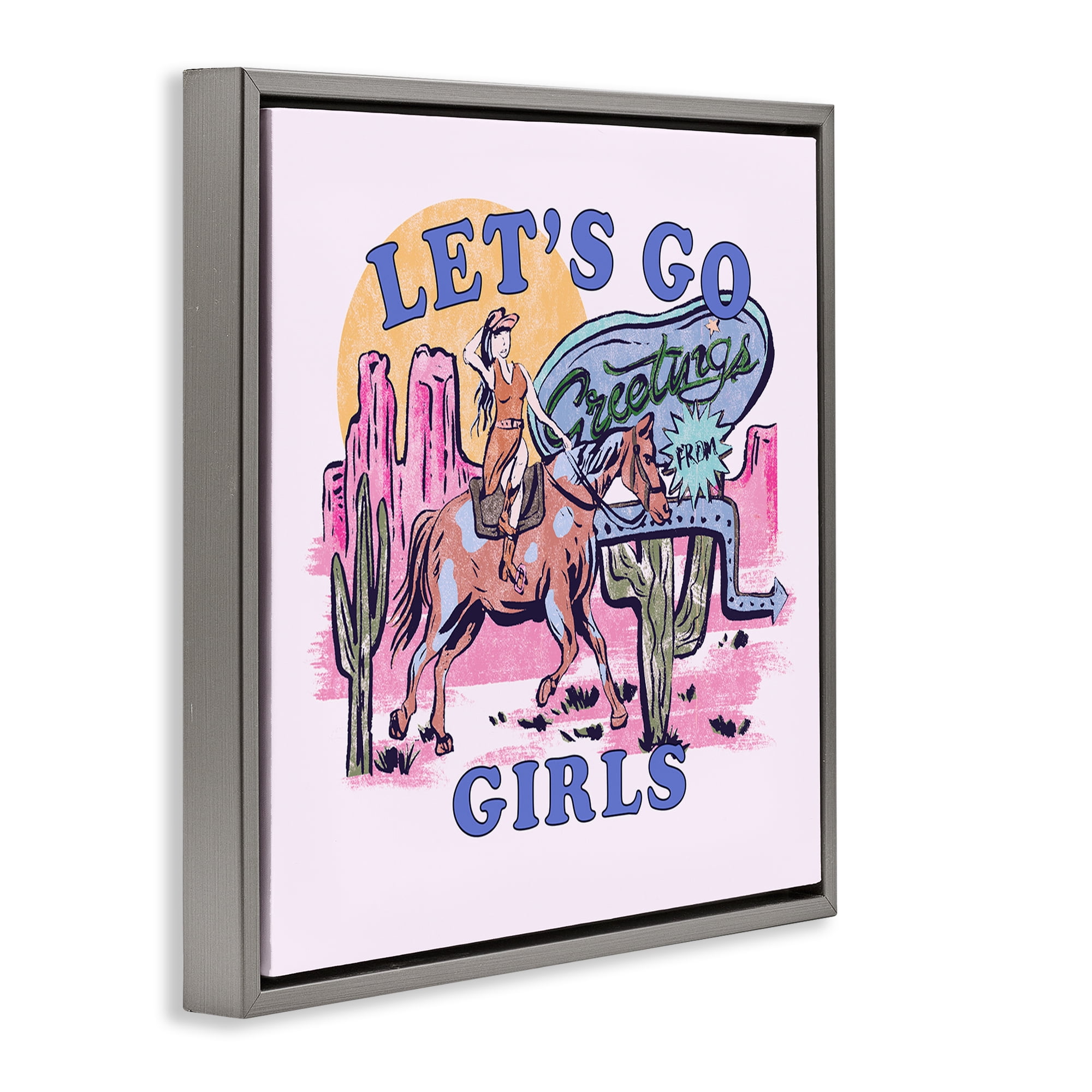 Stupell Industries Western Let's Go Girls Entertainment Painting Gray Floater Framed Canvas Art Print Wall Art, 18 x 18