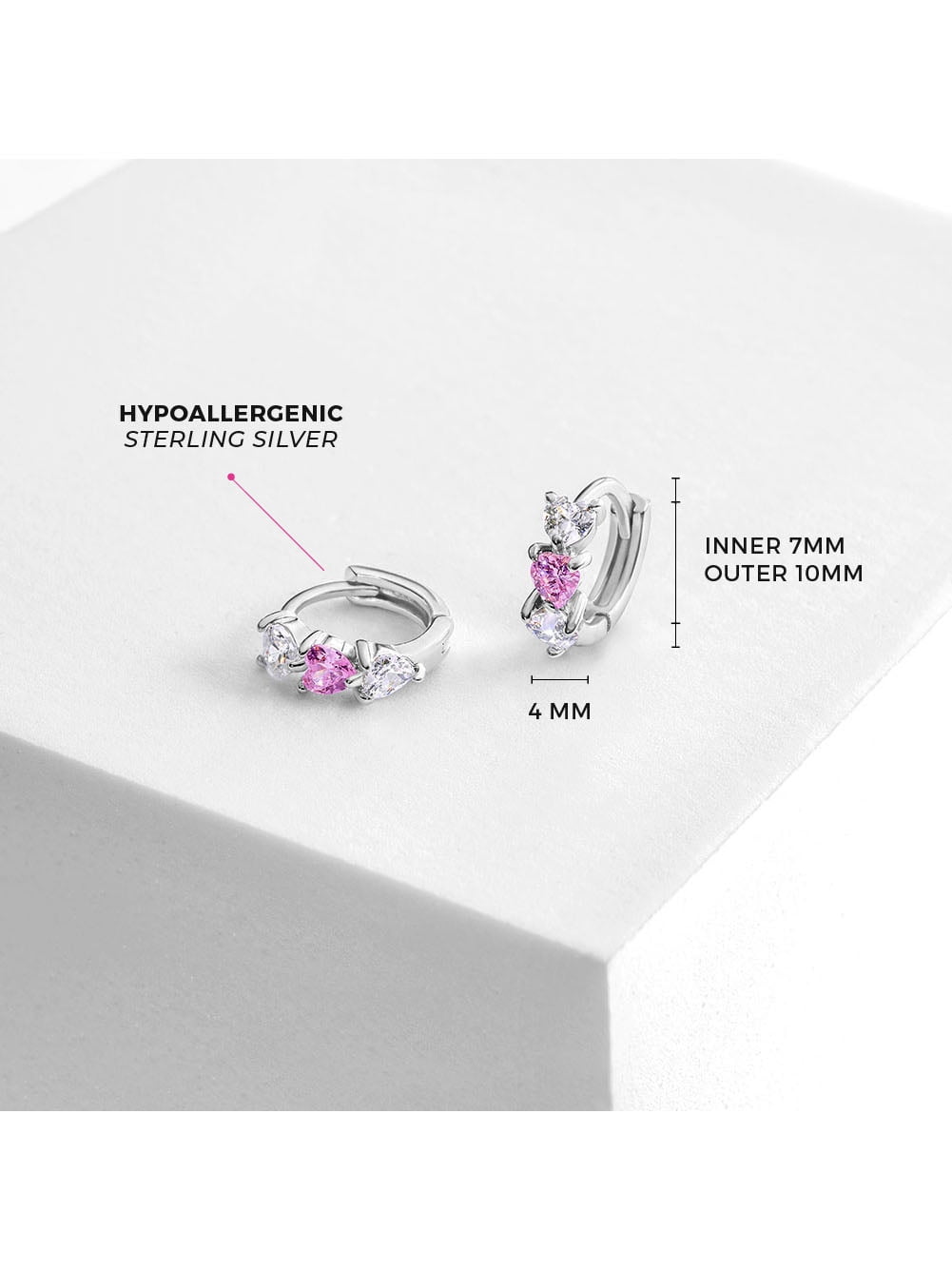 925 Sterling Silver Young Girl's Clear Pink CZ Heart Huggie Earrings 10mm