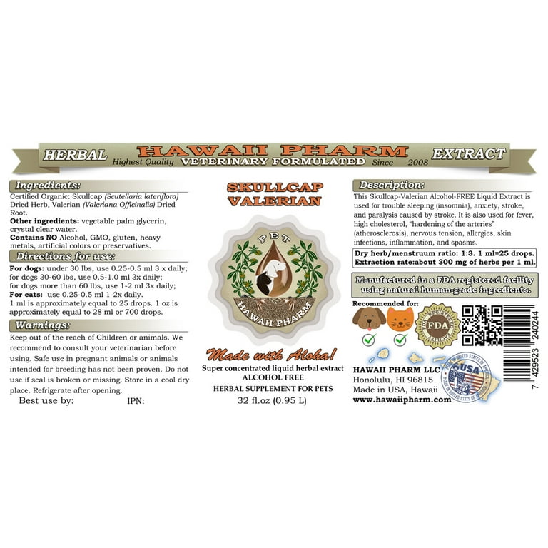 Skullcap Valerian VETERINARY Natural Alcohol FREE Liquid Extract
