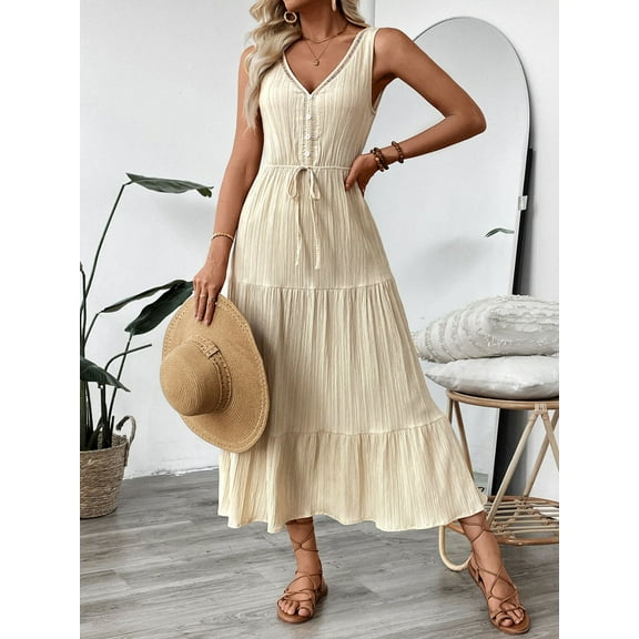 Womens Summer Dress Casual Solid Color V-Neck Mid-Length Dress Leisure Slim Fit Sleeveless Sundresses