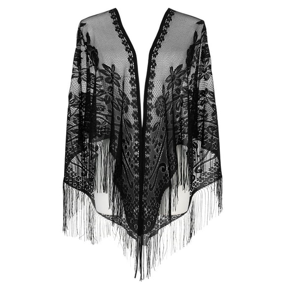INSPIRE CHIC Shawls and Wraps for Evening Dresses, Lace Mesh Fringe Triangle Scarves with Tassels for Women Wedding Formal Party 74.8x28.3" Black